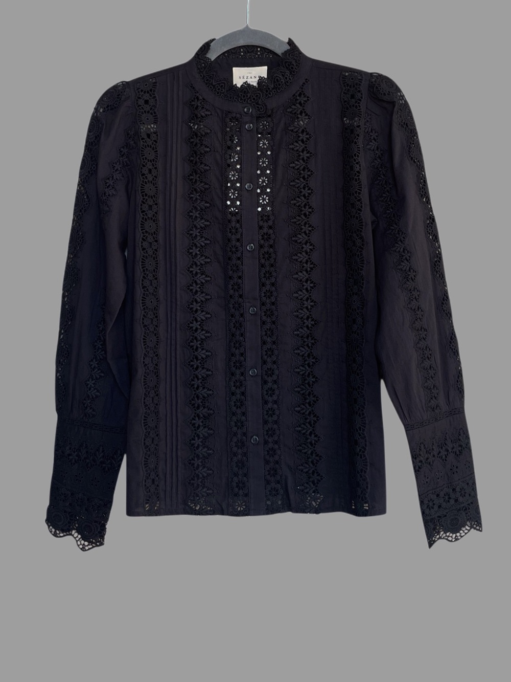 SEZANE NWT Black Floral Embroidered Crochet Lace Button Down Rym Shirt Blouse - Picture 5 of 16